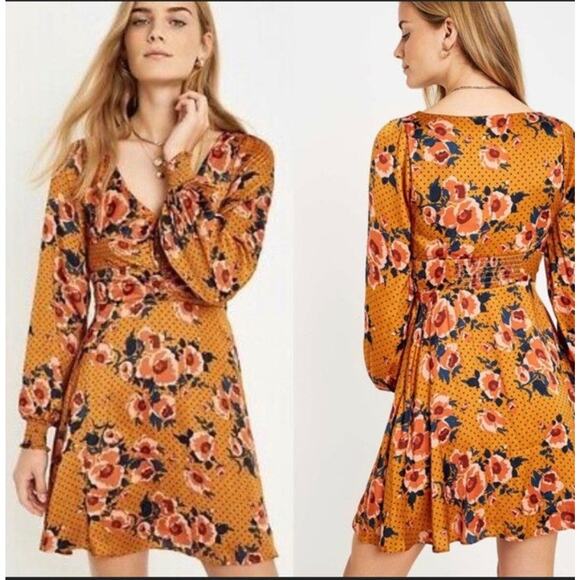 NWT FREE PEOPLE Morning Light Long Sleeve Floral Mini Dress Golden Yellow Size 8 - Picture 1 of 7